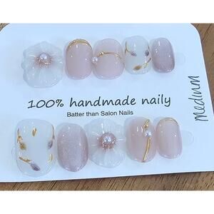 Gold & Pink Floral Oval | Press on Nails - Handmade | Sz Medium